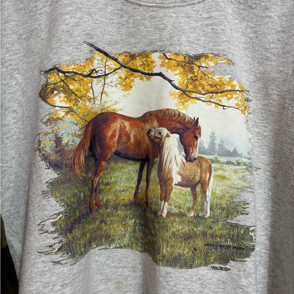 Upcycled Horse Crewneck Sweatshirt with Plaid Sleeves - Picture 3 of 6